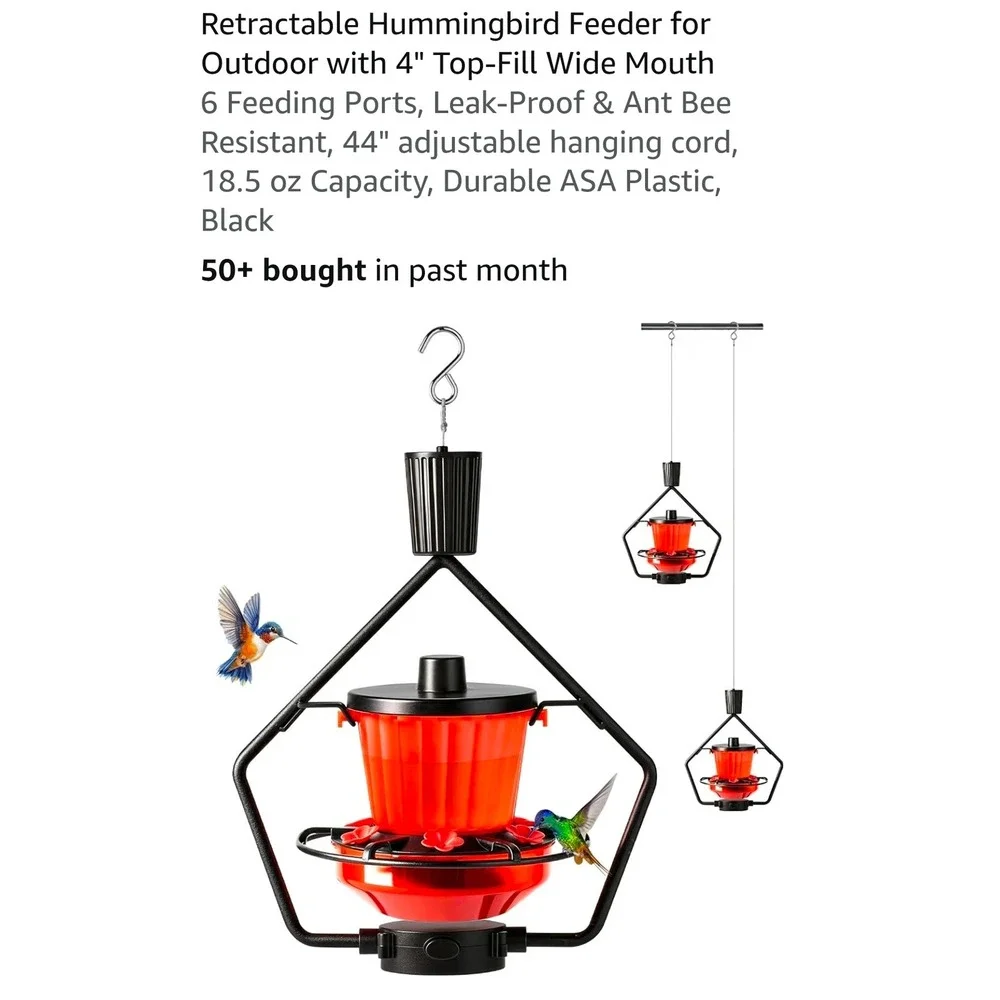 Retractable Hummingbird Feeder 18.5oz Top-Fill 6 Ports Black Red Outdoor Hanging